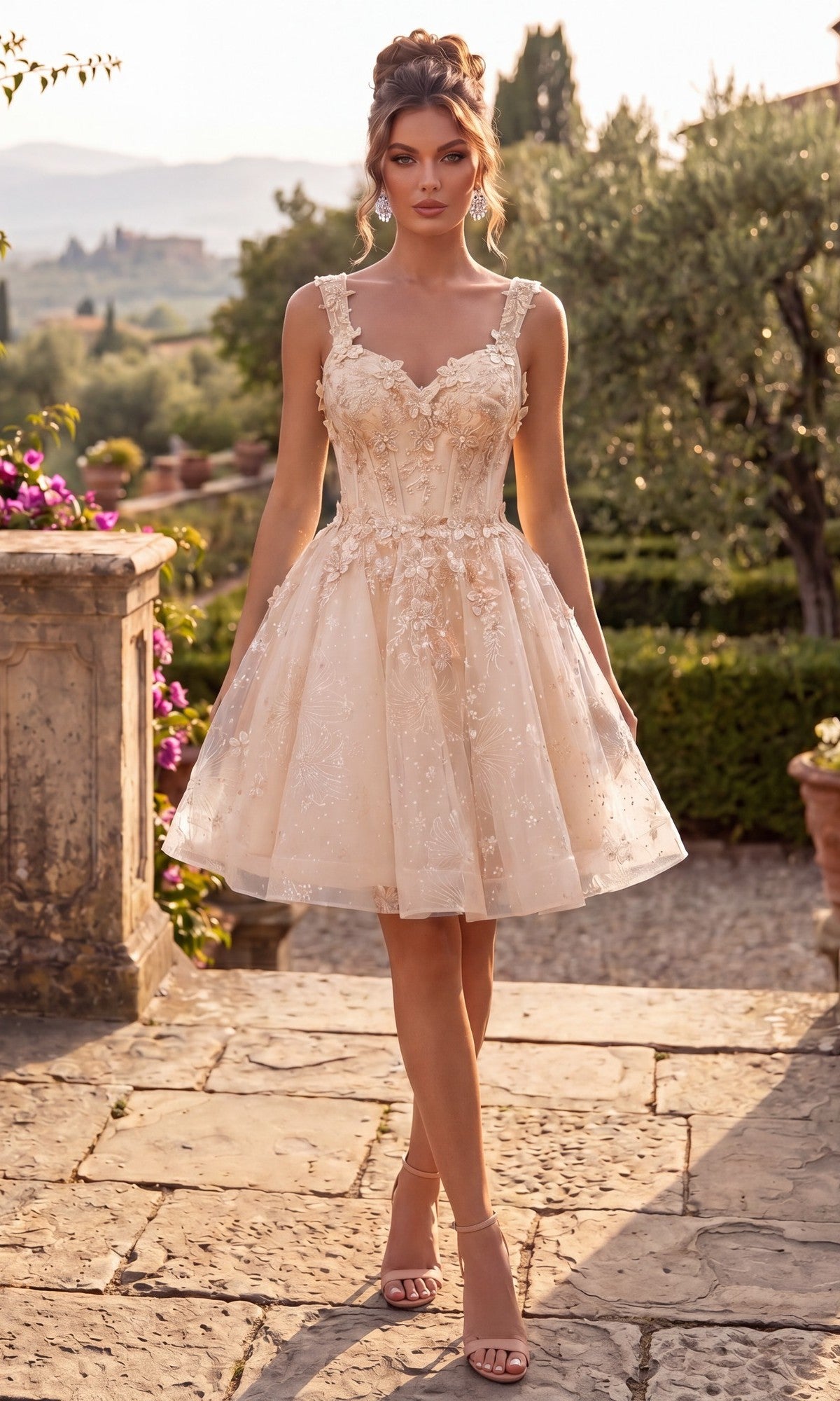 A woman wearing the Chicas C372 short homecoming dress in champagne, featuring spaghetti straps and embellished floral details, stands outdoors on a stone patio surrounded by greenery and flowers.